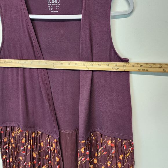 Lori Goldstein Sleeveless Cardigan Top Size XS Plum Modal Floral Chiffon Trim - Picture 9 of 12